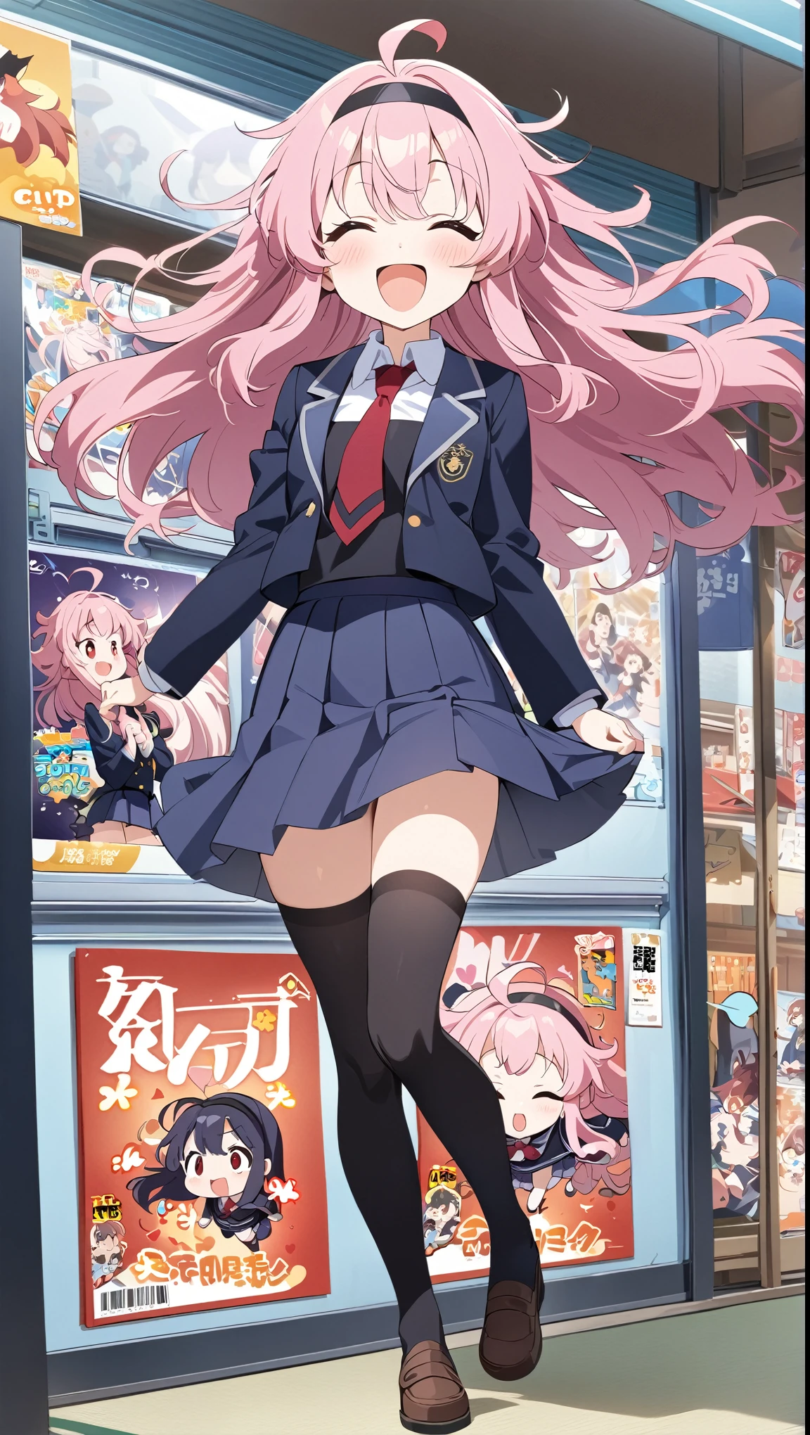 closed eyes, big smile, open mouth, cute, round eyes, pretty, , red necktie, brown shoes, girl, indigo school uniform jacket, white school uniform shirt, floating hair, indigo school uniform skirt, full body view, very messy hair, ahoge, pink hair, spiked hair, long hair, red eyes, black hairband, 1girl, full black stocking, best quality, amazing quality, very aesthetic, highres, incredibly absurd, masterpiece, manga, japanese anime, blue archive art style,