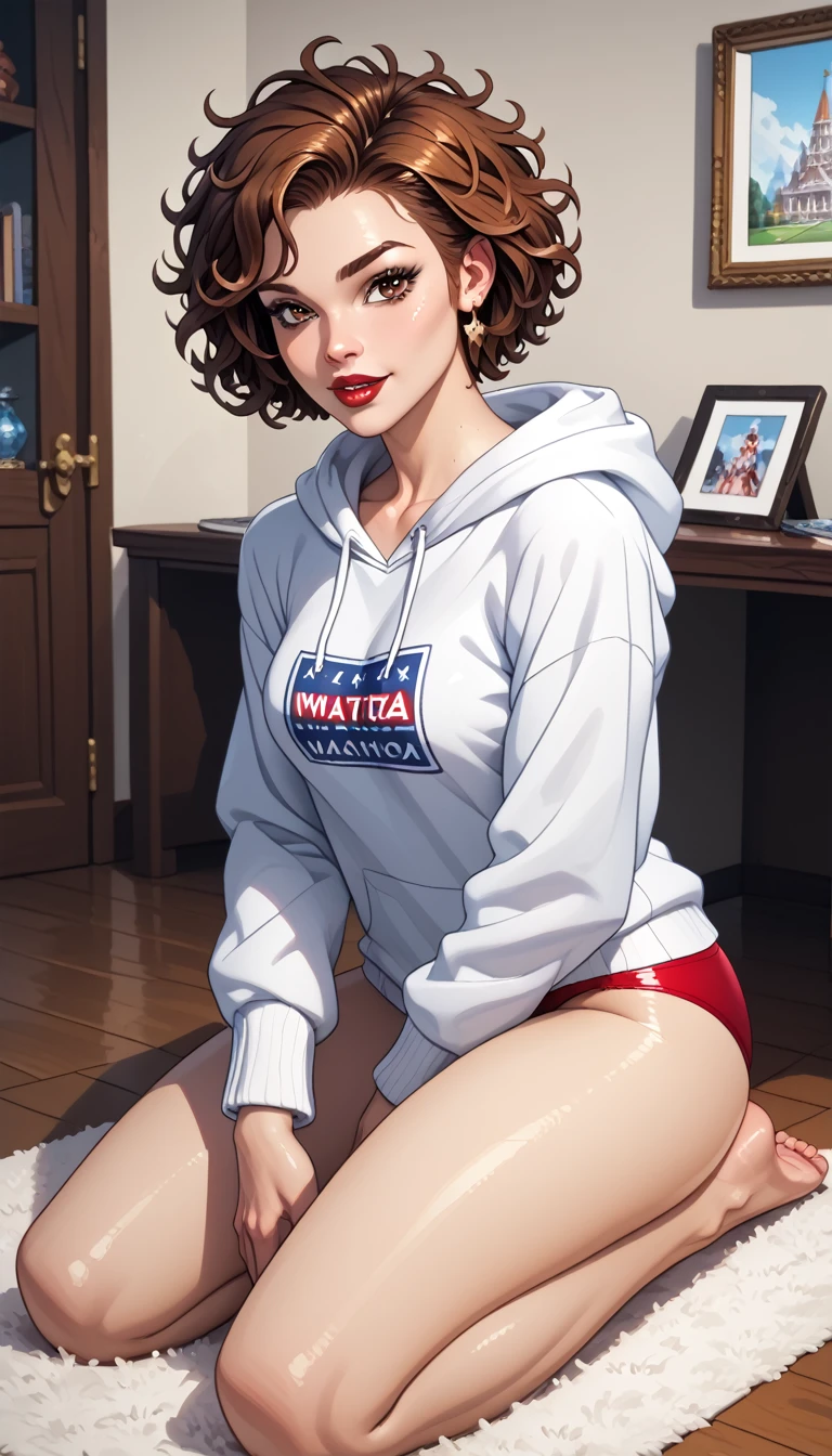 (( Best Quality )), ((masterpiece)), (detailed),   ridiculous resolution  ,    ultra high resolution  , hyper resolution , (masterpiece:1.4), hyper-detail, a woman. she is beautiful .  Brown Hair .  short hair, messy hair  ,  red lips . calm expression,teen, light brown eyes , (Ultra detailed olhos castanhos claros:1.4)).  she's kneeling in a room on the carpet  ,   She only wears a white hoodie and red panties,   full body  .
