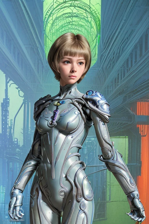  (masterpiece, high quality, intricate details, realistic:1.3), (whole body), (A girl in a poweredsuit), perfectly beauty face, short hair, Slim body、Thin chest、Exoskeleton, Muscles made of wire, metropolis, 60's sci-fi movie 、 pastel colors、 Retrofuture、designed by Syd Mead, nsfw, high resolution film