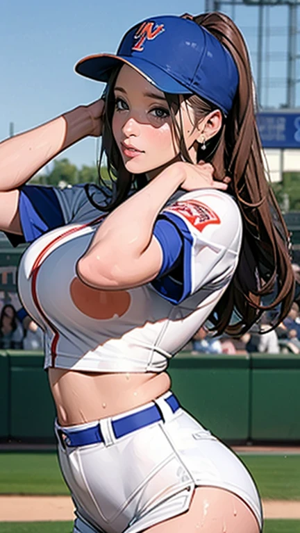 4th batter 、 homerun artist 、非常に Beautiful Womenが、 is wearing a New York Mets uniform,hitting at Dodgers Stadium 、Long legs、White-skinned Japanese hitter 、( Very Beautiful Face Details ), ( best quality:1.4), 8k resolution,  high definition , 1 Female,  Beautiful Women, The ultimate beauty,   super beautiful detail face ,  , Exquisitely Detailed Beautiful Eyes , OFFICIAL PORTRAIT ,   fine skin texture, Apply gloss to your lips,  open lips, Japanese,  baseball uniform at the baseball field, Baseball cap,,  Big Breasts ,  thin waist,  big butt , , throw, Play baseball, dynamic,  motion blur, Baseball Stadium,  sweaty, sweat splashing,