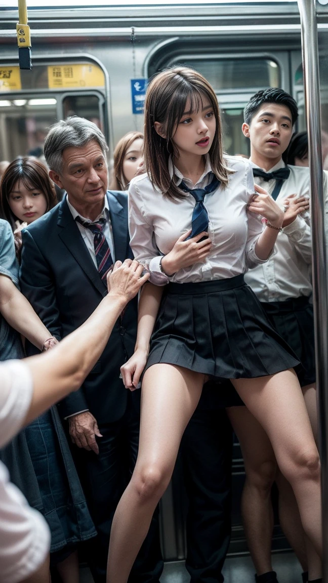 masterpiece,  best quality, 8k,  Young Beautiful Girl , baby face、The clothes are big、photo shoot,  cute face, Thighs, (((Many men、 Crowded Train 、 older man grabs girl's breast on a train 、 is surrounded by men、 being touched 、Being sexually abused))) ((( embarrassed )))、 embarrassed 、 no makeup in the coal mine, 10th Generation,  detailed face ,  Background Blurred 、 thin waist、(((( school uniform、 white shirt、 White bed on the back  、  lift my skirt  、 showing pussy 、Iの膣を見せて)))),  Short Hair 、 light brown hair 、((痛みに耐えながら自分で  lift my skirt  ください..))、Bright classroom、Thighs、 feet 、 Short Hair 、(Droopy eyes、Round face、 nice)、((Many Hands、Touch the whole body))、(Many menに性的暴行を受けてください、I&#39;I was sexually assaulted from behind)、genital、sticky object 、