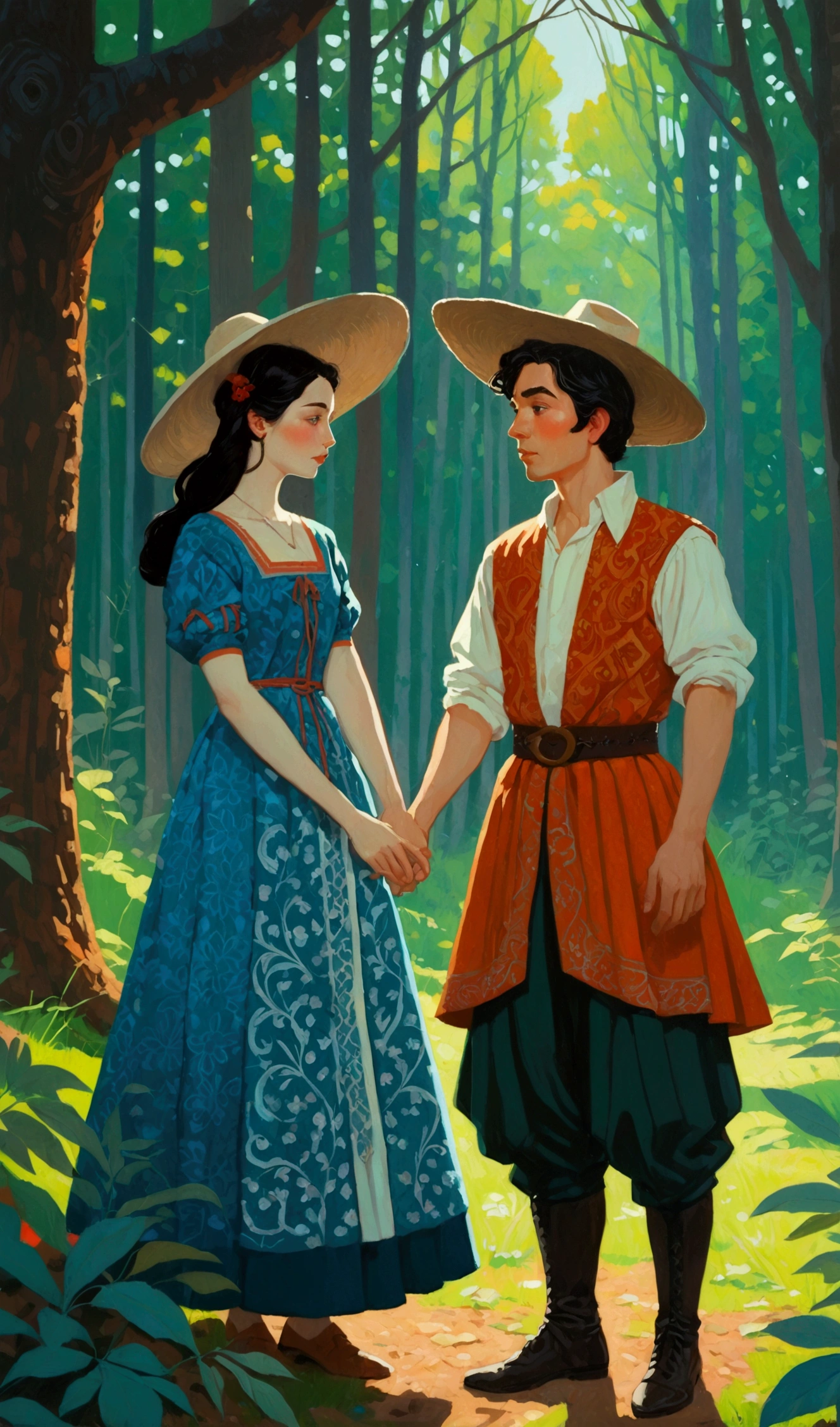 2D ART, hyper detailed gouache painting, realistic features, cartoon, illustration, gougoupaintleaves style:1.2, 1girl wearing a vibrant medieval peasant dress standing next to, 1boy wearring tunic and leggings, at night, full body shot of a young couple walking together in a dark forest, hyper detailed faces, soft serene expressions, detailed clothing, High-quality illustrations, Trending on artstration, wide angle shot, flat painting, Illustration Art, Ilya Kuvshinov style, The Art of Mathematics ilya kuvshinov, highly detailed, uhd image, intricate details detailed scene background, detailed, 8k, trending, amazing art, score_9, score_8, score_7, a digital painting inspired by Will Barnet, by Magalli Villaneneu, tumblr, Digital Art, solo portrait 🎨🖌️,  calm style, Digital Art