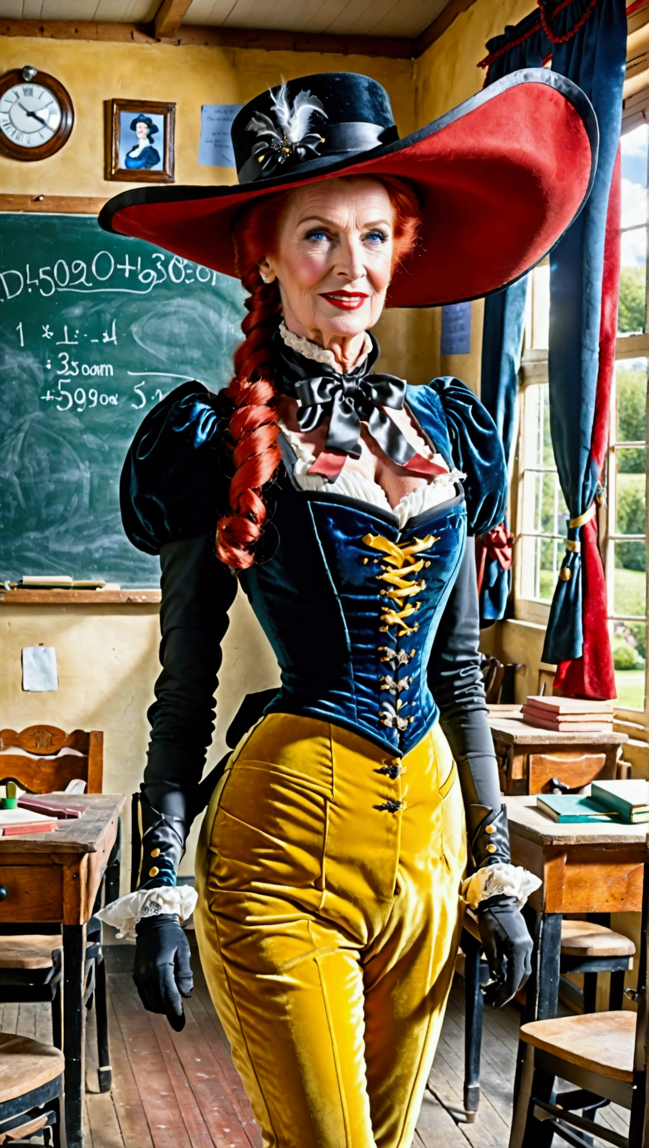 An English governess around 95 years old with a composed and authoritative demeanor, wearing a low cut red leather corset, yellow velvet pants, black velvet wide brimed hat, very large breasts, very large cleavage, high heel boots, smile. She has the appearance of a dressage rider. The setting is a classroom with desks, a chalkboard, and typical classroom decorations, long red hair tied back, muscular, red lipstick, red gloves, blue eyes, black eye shadow, full height view,