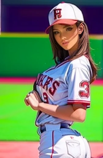 A very beautiful woman wearing a 、Standing in the batter box、シカゴ・ブルズのユニフォームを着たとても Beautiful Women,Hit at Giants Stadium 、 The moment she hits a home run ( Very Beautiful Face Details ), ( best quality:1.4), 8k resolution,  high definition , 1 Female,  Beautiful Women, The ultimate beauty,   super beautiful detail face ,  , Exquisitely Detailed Beautiful Eyes , OFFICIAL PORTRAIT ,   fine skin texture, Apply gloss to your lips,  open lips, Japanese,  baseball uniform at the baseball field, Baseball cap,,  Big Breasts ,  thin waist,  big butt , , throw, Play baseball, dynamic,  motion blur, Baseball Stadium,  sweaty, sweat splashing,