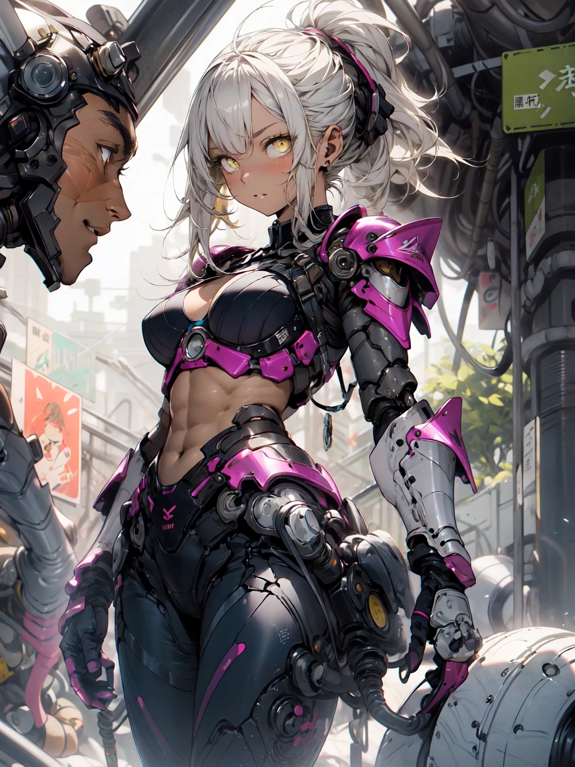 Be realistic、（masterpiece、 best quality、 best quality、 Very detailed、 fractal art、Most detailed、（The background is abstract：1.5）（1 Girl）、Kamimei、（ yellow hair ponytail）、（Yellow eyes glow、Big Breasts、 Tight Abs 、Stunned）、 crystals、 black bikini、Sexy、Machine Armor、 tanned skin、（ PLUG SUIT）、irritated eyes 、Left facing