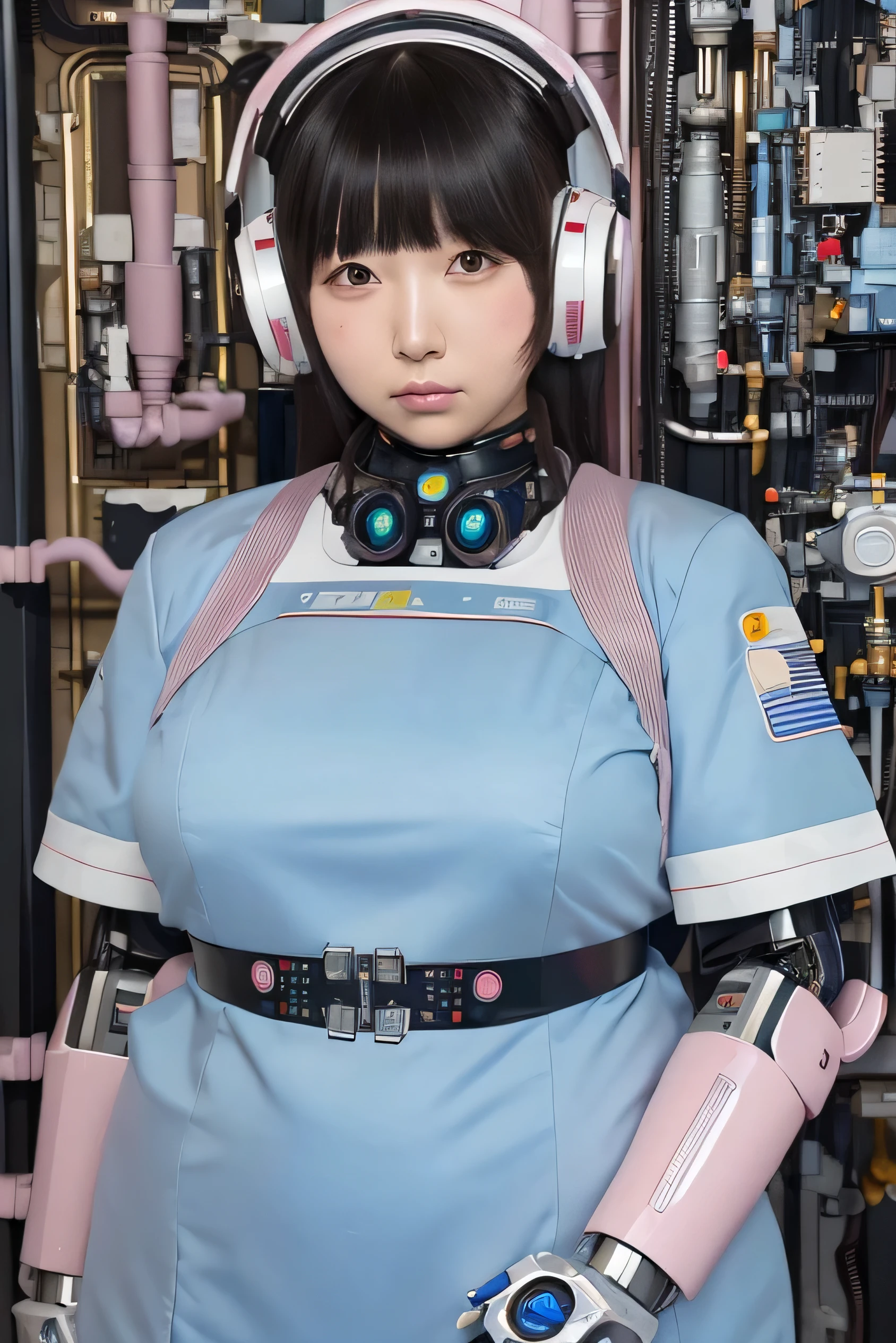 masterpiece, best quality, extremely detailed,portrait,front view,Japaese android girl,Plump,pastel color uniform, control panels,android,Droid,Mechanical Hand, Robot arms and legs,Blunt bangs,long tube,thick cable connected her neck