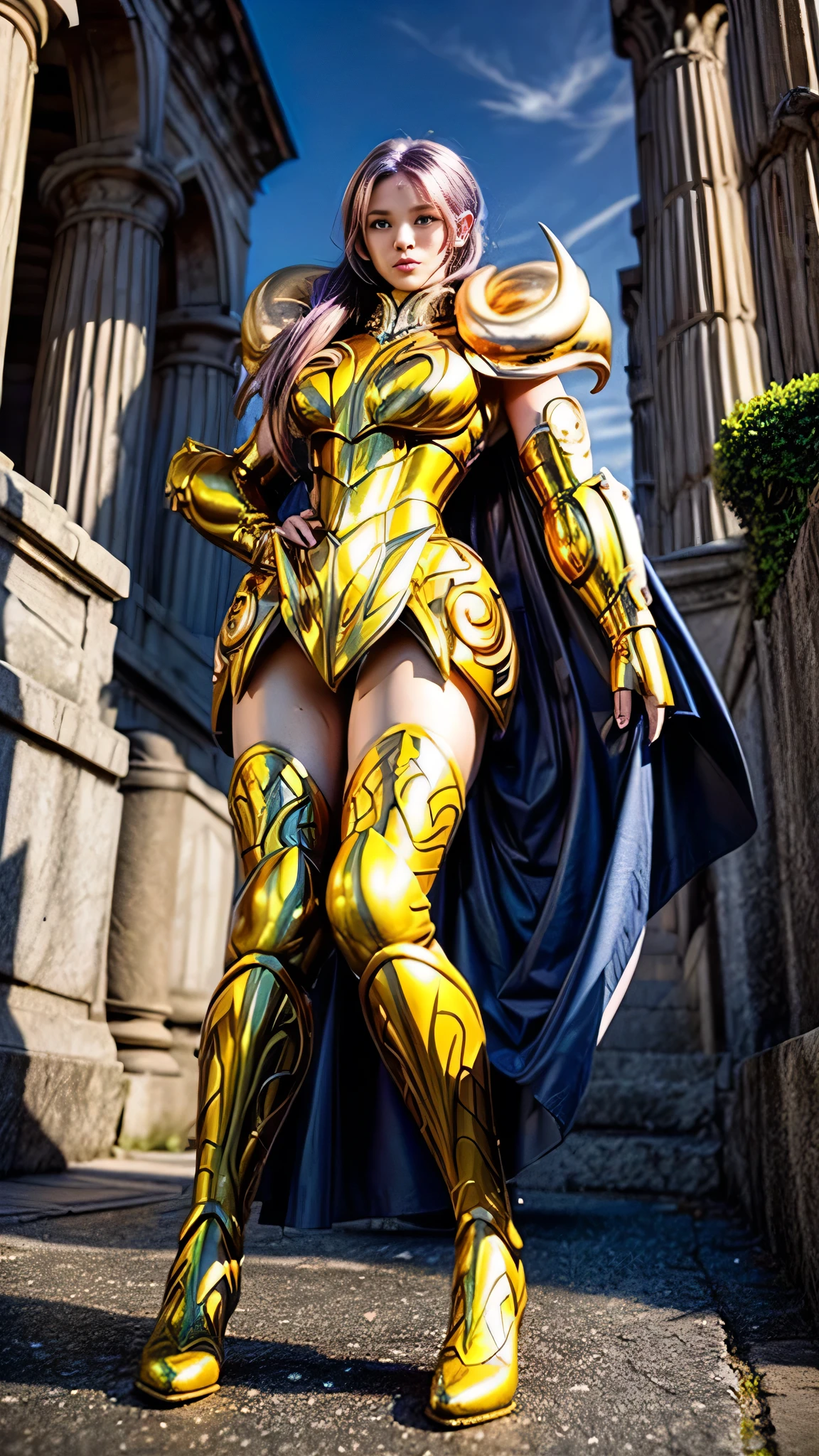 Gemini Armor, gold armor,1girl, armor, Dramatic skies, looking at the audience, armor, Shut up, Upper Body, Serious, helmet, On the Greek temple bridge, whole body.  boots,Solo, Smile, Red Eyes, White long Hair, High Resolution, Masterpiece, High Details, High Quality, Super Detailed, Best Quality, huge boobs, feminisme, sexy, full body, The atmosphere is dramatic and cinematic, with soft, diffused lighting and a sense of quiet power and mystery." Highly detailed, photographic, full body, Athena temple, Belly appear, huge boobs, highly detailed, violet hair