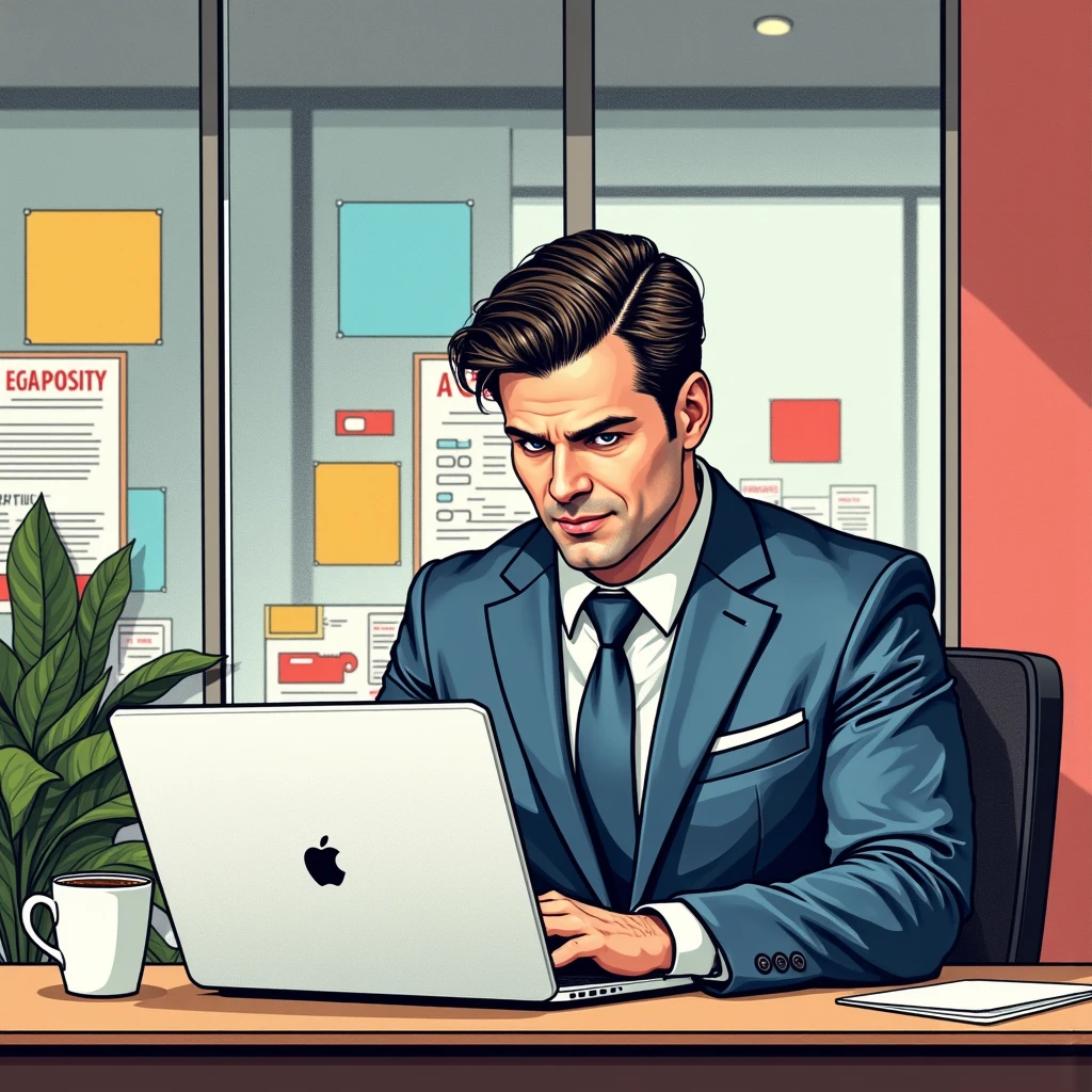 A comic-style pop-art illustration of a professional GM42 manager sitting at a desk in a modern office, focused on a MacBook Pro. The GM42 man has a Clean shaven, no beard or cheekbones, wears a sharp blue suit, exuding confidence and competence. The workspace is vibrant and organized, with colorful charts, job postings, and documents pinned to a glass wall behind him. A potted plant adds a touch of greenery, and a coffee cup sits on the desk next to the laptop. The lighting is bright and cheerful, emphasizing productivity and creativity in a visually appealing pop-art style by Frank Miller style comic.