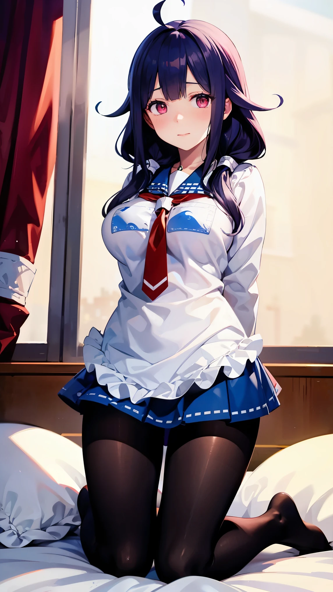 8k high resolution ( super detailed), masterpiece, ( best quality)　 animated illustration 　 detailed eyes on board,  detailed face 　 detailed hands 　Fine hair　 very elaborate body、 fine skin 　 one girl　 Kantai Collection _Big whale 　TaigeIKC　Red Eye　sailor suit red neckerchief,  blue sailor color, White apron, Blue pleated skirt　 pantyhose 　(Big Breasts)　 see here　 embarrassed expression　 on the bed　 kneeling　 in the center of the image　 Hands On My Chest 　 Oblique View from Below