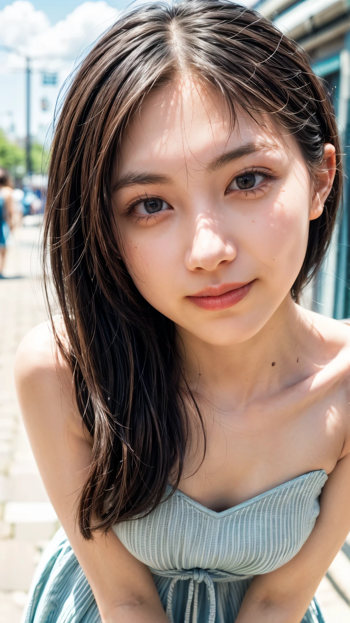 (high resolution photograph of a young Japanese female idol), (realistic, photo-realistic:1.37), (masterpiece, best quality), 8k, RAW photo, intricate details, extremely detailed, (sharp focus), cinematic lighting, gravure photography, portrait, solo, 1girl, (strapless dress, sleeveless:1.2), (face focus, close-up face, standing leaning forward, forward bending:1.5), (small breasts), (dark hair, straight hair, forehead), pale skin, fine-textured skin, (detailed face, detailed eyes, symmetrical eyes, beautiful pupils, sophisticated nose, smile), 
photo background, outdoors, urban scape, daytime, sunny, blue sky and clouds,