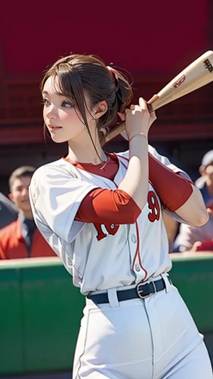 A very beautiful woman wearing a Red Sox uniform,Hitting at Giants Stadium