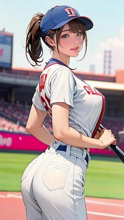 Girl baseball pitcher player in throwing position with ball in hand and glove, piel blanca con pecas, gorra de baseball, cabello largo negro, Slim thicc, slim build small breasts, cintura delgada, caderas muy anchas, muslos gruesos, piernas largas, hip dips, with a white baseball uniform with black lines, mud stained pants, en escenario de estadio de baseball
