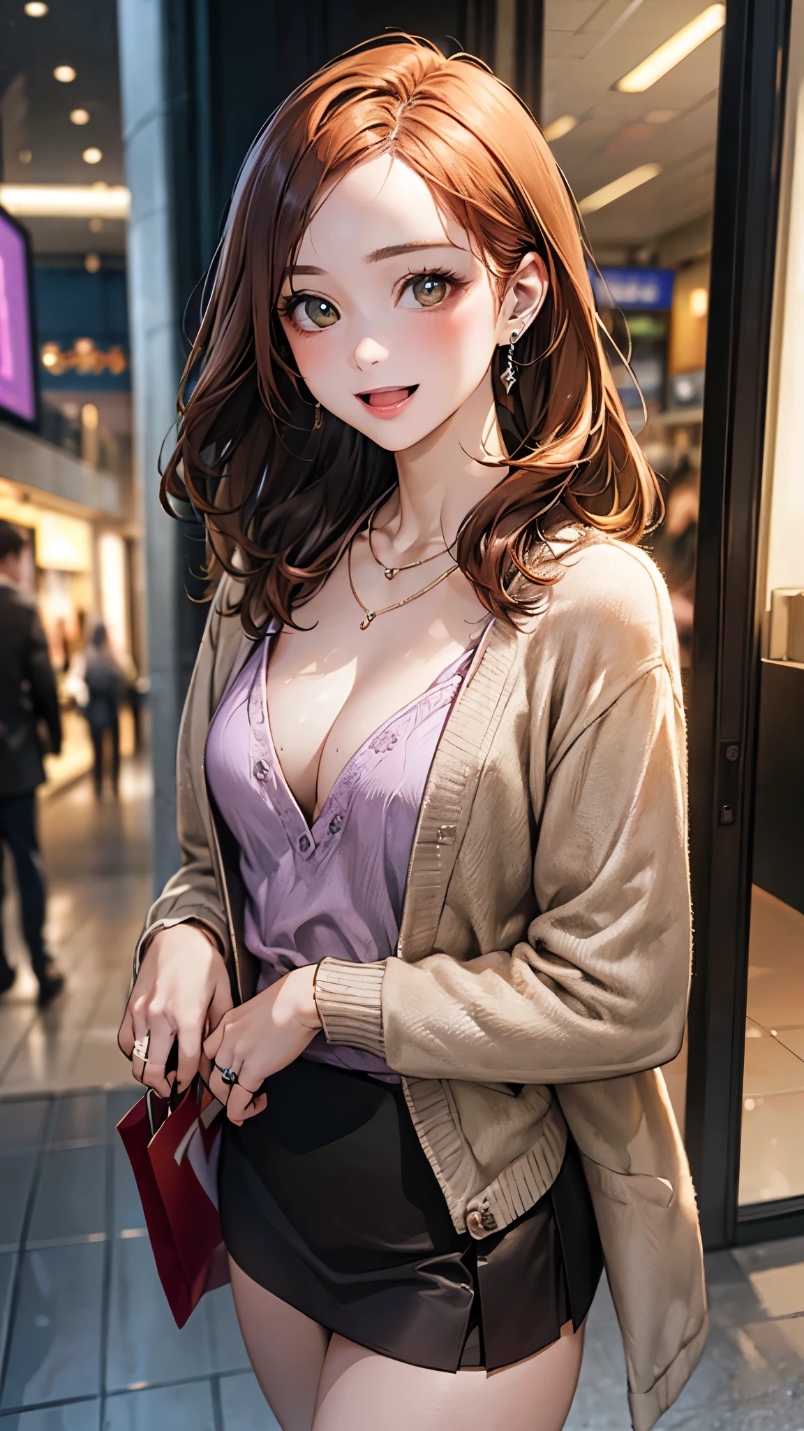 (masterpiece:1.2, highest quality), (realistic photo:1.4), beautiful illustrations, (natural side lighting, movie lighting),
beautiful hair, beautiful face, detailed and beautiful eyes, beautiful clavicle, beautiful body, beautiful breasts, beautiful thighs, beautiful feet, beautiful fingers,
looking at the viewer, 1 girl, high school girl, (perfect anatomy, anatomically correct, super detailed skin), cute symmetrical face, baby face, perfect face, perfect eyes,
(long hair, straight hair, light brown hair), bangs, ahoge, dark blue eyes, big eyes, (large breasts 1.4, seductive thighs), perfect body, greaming skin, slender,
(detailed cloth texture, break long sleeve khaki color knit cardigan, closed cardigan, break light pink collared shirt, break purple plaid pleated skirt, cleavage), break
(beautiful scenery), evening, (amusement park:1.2), standing, break (lovely smile, parted lips),