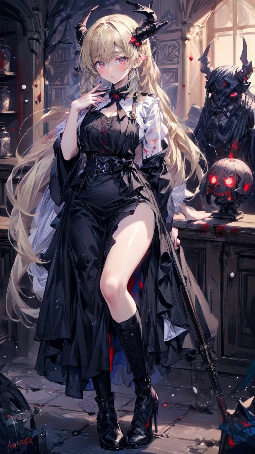 ((best quality)), ((masterpiece)), (detailed), very skinny, prominent collarbones, skinny arms, flat stomach, visible hip bones, red and white clothing, Bloodborne inspired, occult aesthetic, occult, detailed and intricate steampunk and detailed gothic, NSFW, Very dramatic and cinematic lighting, cosmic horror, grim-dark, side-lighting, perfect face, NSFW, Fluttering lace flared long knee length dress with frilly petticoats, knee length dress, pleated petticoats, lolita dress, petticoats gothic lolita, complex lace boots, side-lighting, gothic lolita aesthetic, wielding a mighty sword with mechanical components, carbine, NSFW, beautiful small breasts, small breasts, full body, whole body, body, NSFW, full body, whole body, head-to-toe NSFW