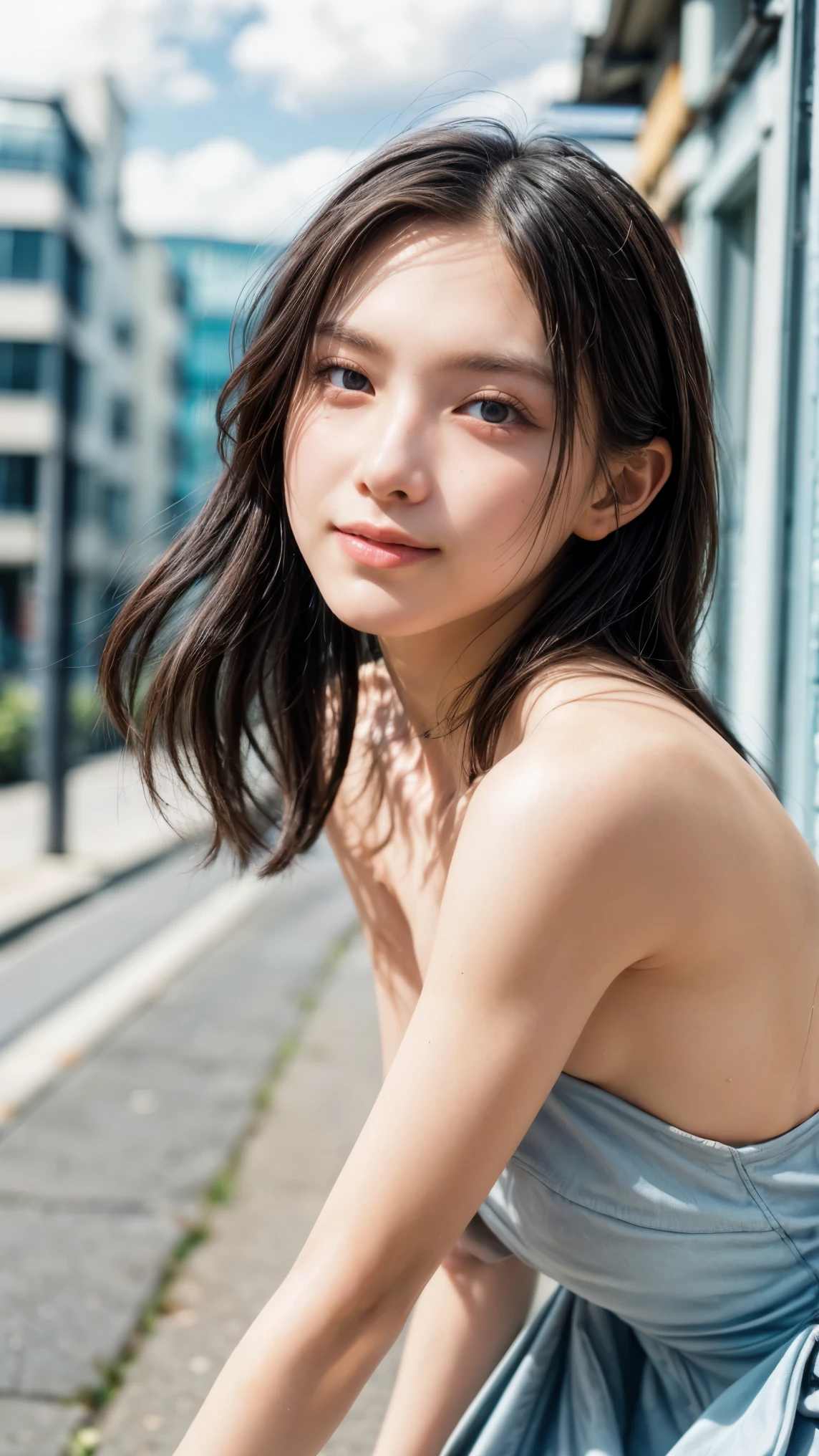 (high resolution photograph of a young Japanese female idol), (realistic, photo-realistic:1.37), (masterpiece, best quality), 8k, RAW photo, intricate details, extremely detailed, (sharp focus), cinematic lighting, gravure photography, portrait, solo, 1girl, (strapless dress, sleeveless:1.2), (face focus, close-up face, standing leaning forward, forward bending:1.5), (small breasts), (dark hair, straight hair, forehead), pale skin, fine-textured skin, (detailed face, detailed eyes, symmetrical eyes, beautiful pupils, sophisticated nose, smile), 
photo background, outdoors, urban scape, daytime, sunny, blue sky and clouds,