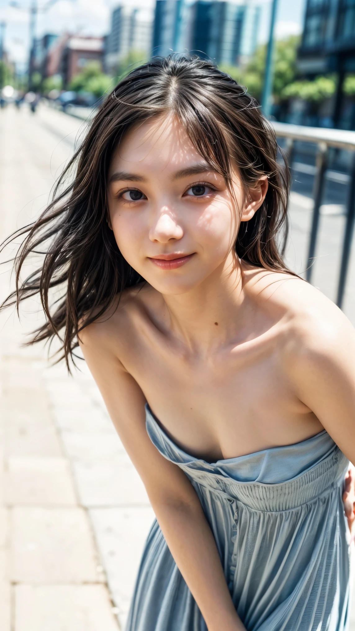 (high resolution photograph of a young Japanese female idol), (realistic, photo-realistic:1.37), (masterpiece, best quality), 8k, RAW photo, intricate details, extremely detailed, (sharp focus), cinematic lighting, gravure photography, portrait, solo, 1girl, (strapless dress, sleeveless:1.2), (face focus, close-up face, standing leaning forward, forward bending:1.5), (small breasts), (dark hair, straight hair, forehead), pale skin, fine-textured skin, (detailed face, detailed eyes, symmetrical eyes, beautiful pupils, sophisticated nose, smile), 
photo background, outdoors, urban scape, daytime, sunny, blue sky and clouds,