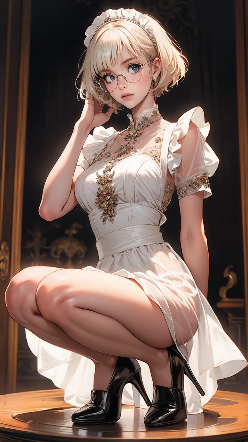 ( best quality:1.2)、(masterpiece:1.2), ( High Quality:1.2), Nipples、 see-through clothes、 (( white maid clothes :1.2)), (Blond ash hair color:1.1), (Short Hair:1.2), Glasses、(squat、 open legs:1.2), ( Long Thin Legs , shoes:1.2), ( detailed face :1.3)、The whole face becomes red,  big, rich breasts , (Blunt Bangs:1.2),  side bust 、 underbust pose、Walking through the mansion&#39;corridor、 Play、 simple background