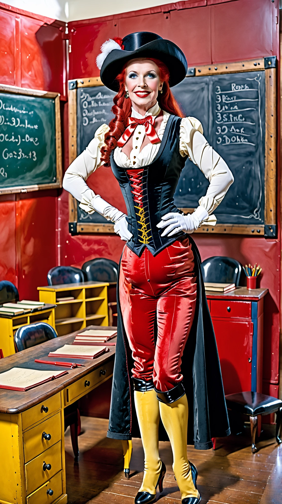 An English governess around 95 years old with a composed and authoritative demeanor, wearing a low cut red leather corset, yellow velvet pants, black velvet wide brimed hat, very large breasts, very large cleavage, high heel boots, smile. She has the appearance of a dressage rider. The setting is a classroom with desks, a chalkboard, and typical classroom decorations, long red hair tied back, muscular, red lipstick, red gloves, blue eyes, black eye shadow, full height view,