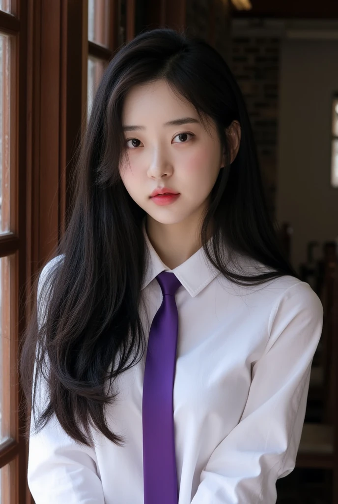 bright photo of beautiful korean girl with long  black wavy hair wearing a collared  white shirt with purple tie , inside a rustic house, necklace, dslr, studio lighting, high quality,  light reflections, blood vessels, pale skin, detailed skin, 