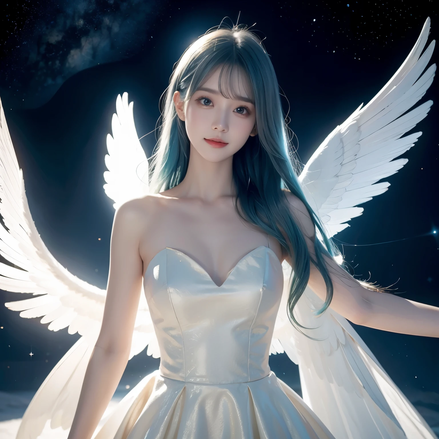  a woman, Cyan hair,  red eyes ,  Smile,  angel wings , Golden Halo,  white dress, standing upright , In outer space,  God's presence , Distant stars,  upper body