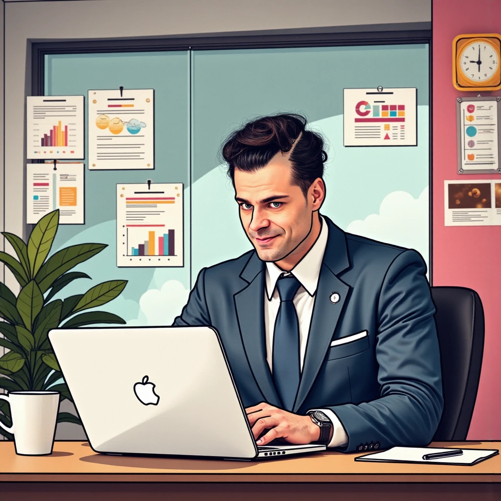 A comic-style pop-art illustration of a professional GM42 manager sitting at a desk in a modern office, focused on a MacBook Pro. The GM42 man has a Clean shaven, no beard or cheekbones, wears a sharp blue suit, exuding confidence and competence. The workspace is vibrant and organized, with colorful charts, job postings, and documents pinned to a glass wall behind him. A potted plant adds a touch of greenery, and a coffee cup sits on the desk next to the laptop. The lighting is bright and cheerful, emphasizing productivity and creativity in a visually appealing pop-art style by Frank Miller style comic.