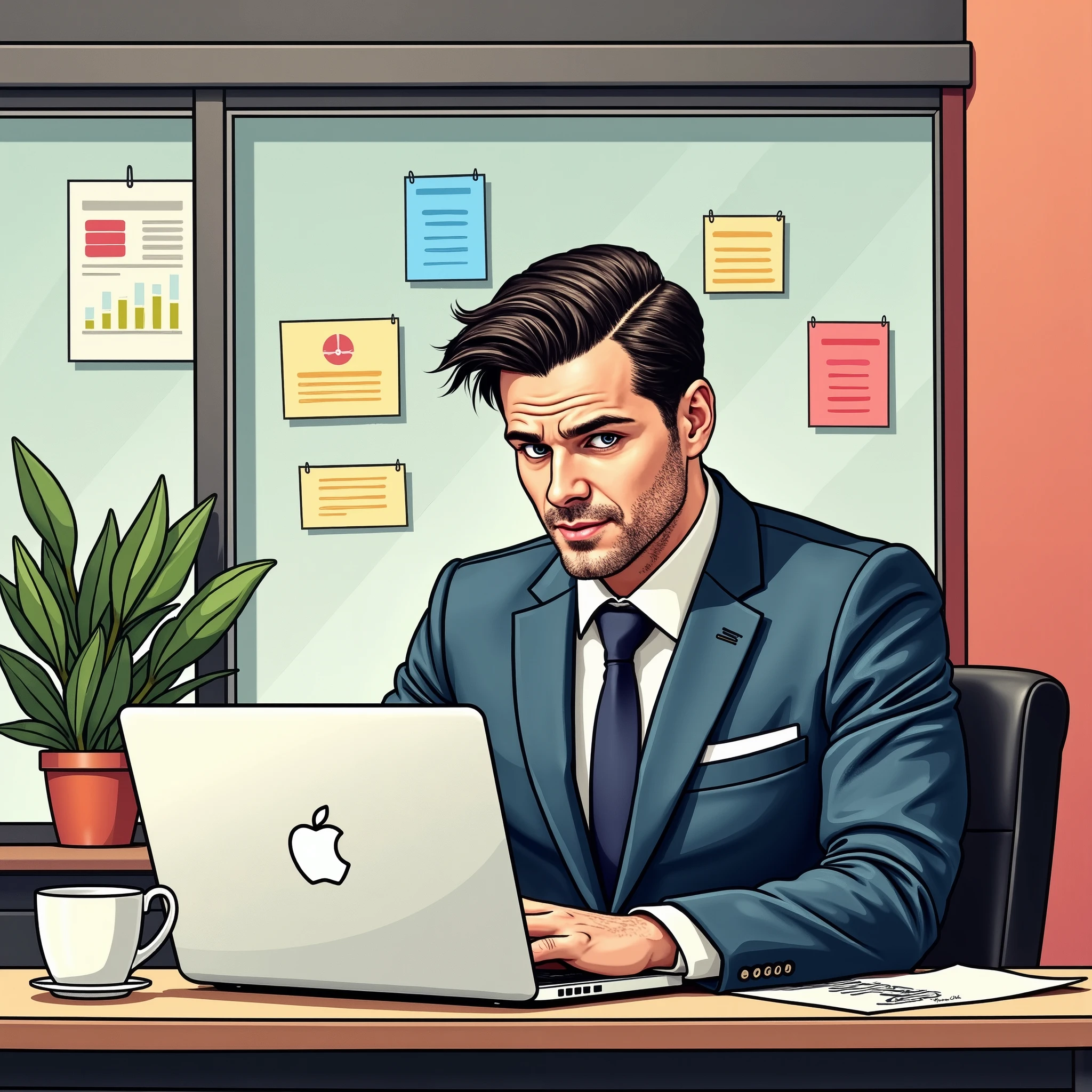 A comic-style pop-art illustration of a professional GM42 manager sitting at a desk in a modern office, focused on a MacBook Pro. The GM42 man has a Clean shaven, no beard or cheekbones, wears a sharp blue suit, exuding confidence and competence. The workspace is vibrant and organized, with colorful charts, job postings, and documents pinned to a glass wall behind him. A potted plant adds a touch of greenery, and a coffee cup sits on the desk next to the laptop. The lighting is bright and cheerful, emphasizing productivity and creativity in a visually appealing pop-art style by Frank Miller style comic.