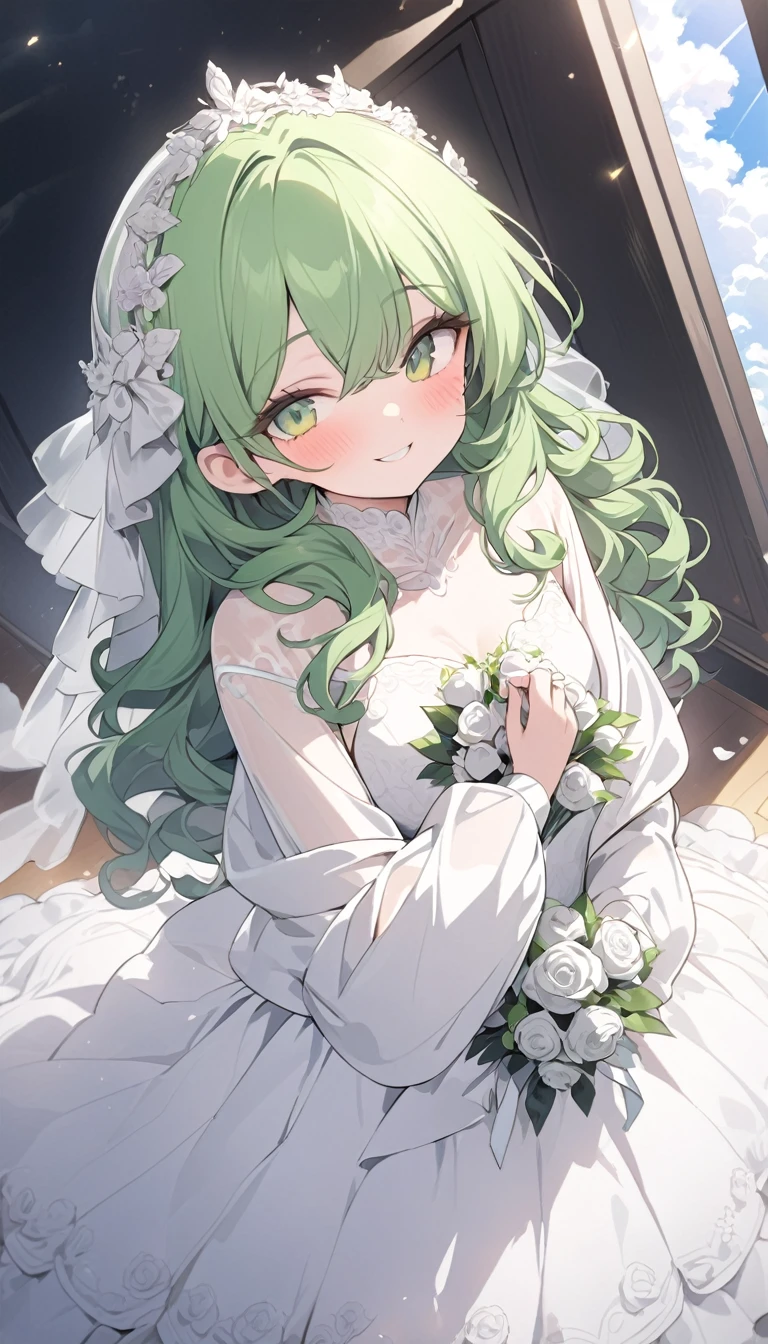 score_9, score_8_up, score_7_up, source_anime, solo, 1girl, xbox-chan, blush, slight smile, looking at viewer, holding bouquet, flying sweatdrops, ponytail, hair ribbon, green ribbon, green eyes, @_@, wedding dress, strapless, cleavage <lora:consolegirls_xbox_ponyXL:1>