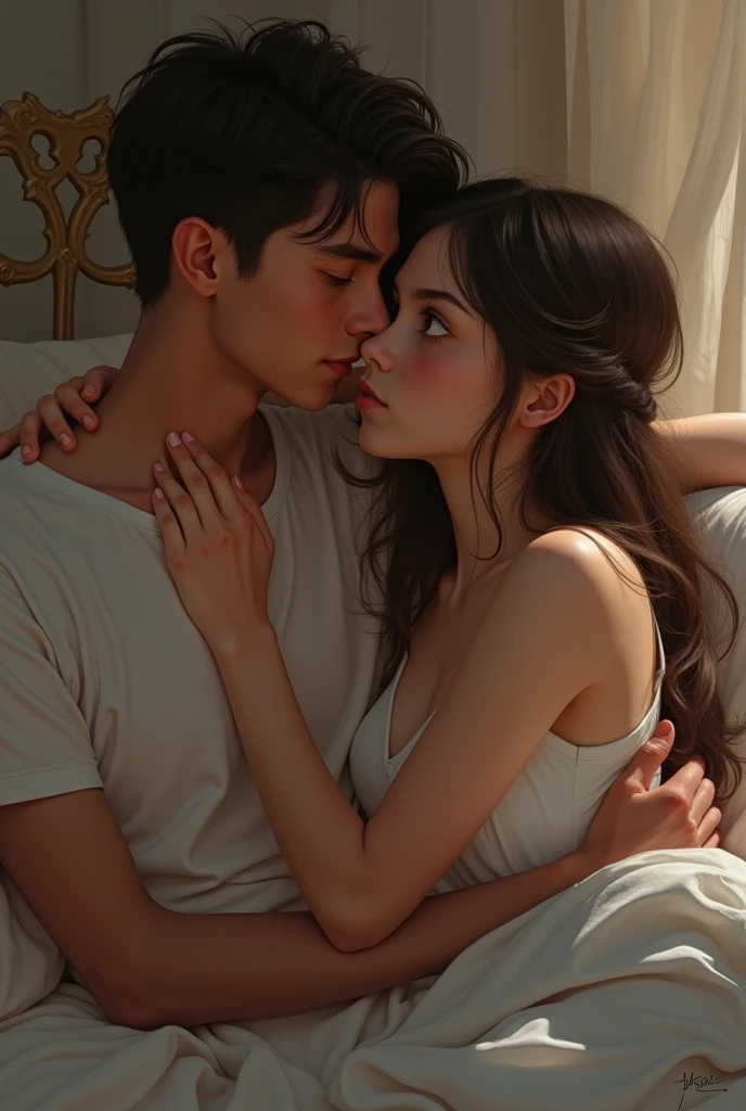 ((best qualityer)), ((work of art)), (detailded), 1 girl and boy kissing on the mouth on the bed 