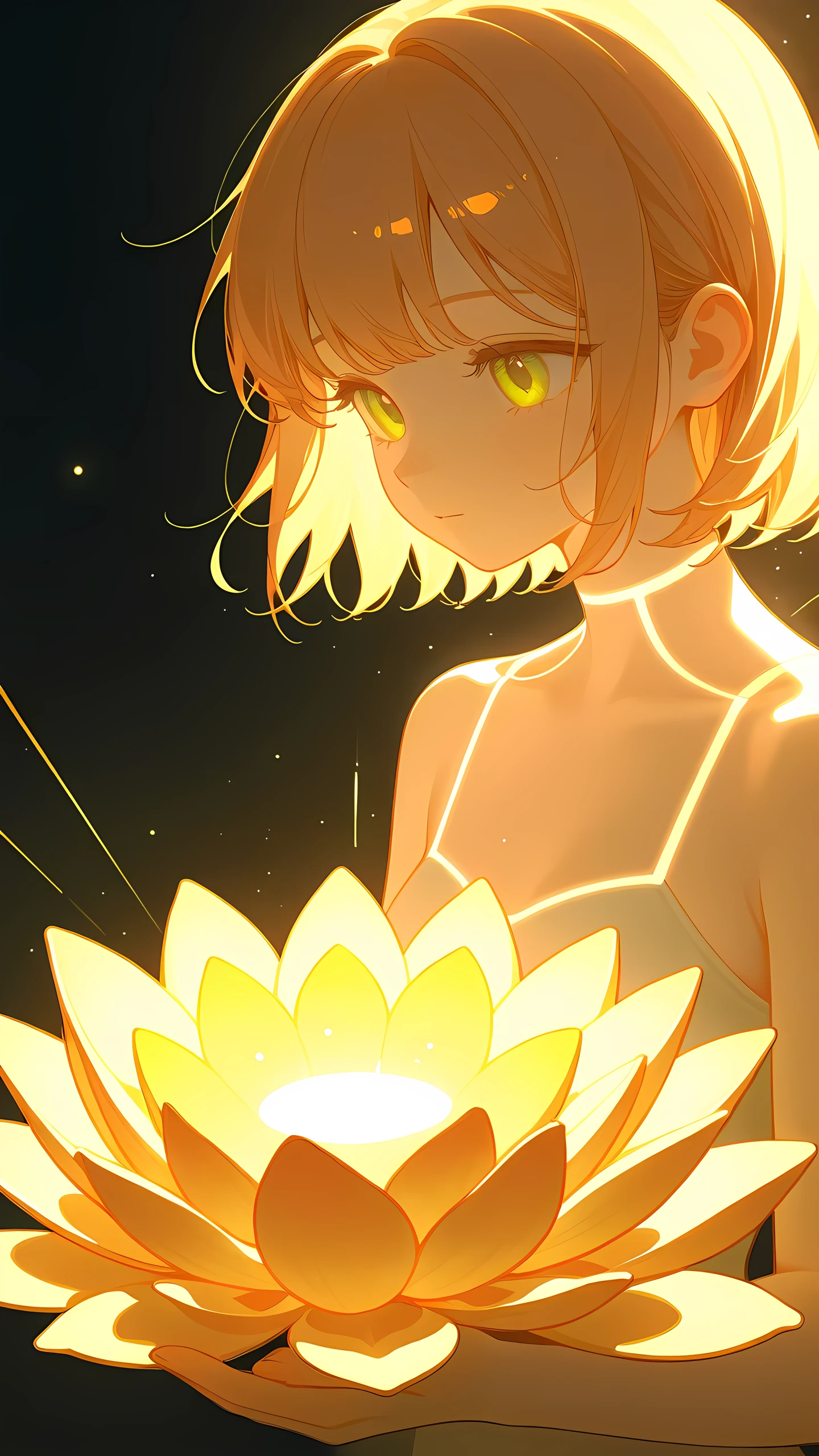 In digital art style, charming illustration,peaceful picture,1 girl, beautiful eyes,tall lotus,alone,body glow,Glowing lines,fluorescence,glow example,Example tracking,flash,light particles,Backlight,Translucent,light particles,Correct human anatomy,