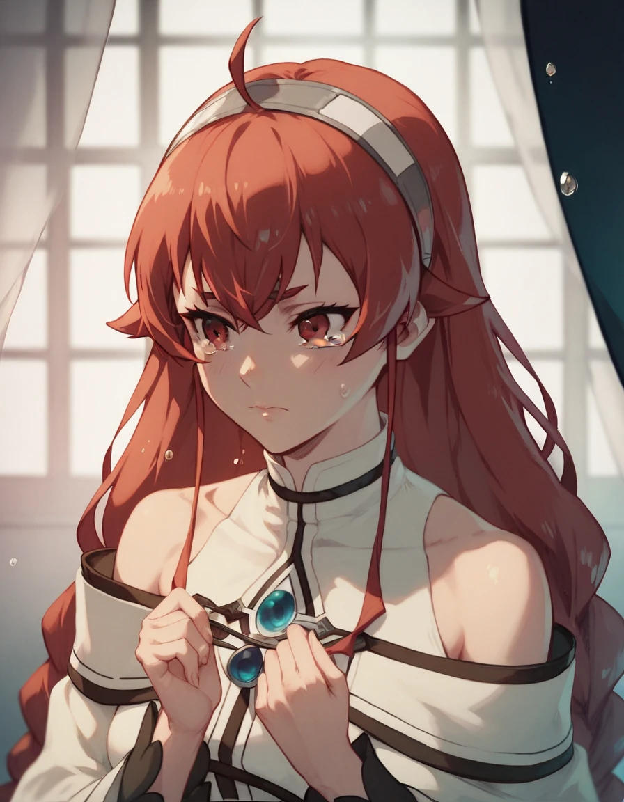 Eris Greyrat From Mushoku tensei, Anime-style illustration of a young woman with long flowing red hair and red eyes, sitting under soft moonlight in a dimly lit room. She appears vulnerable and emotional, holding a white blanket close to her chest. The lighting emphasizes her delicate facial expression and teary eyes, with subtle water droplets on her hair and shoulders. The atmosphere is melancholic and intimate, with a blue-toned color palette and a focus on fine details in her hair, skin, and fabric.