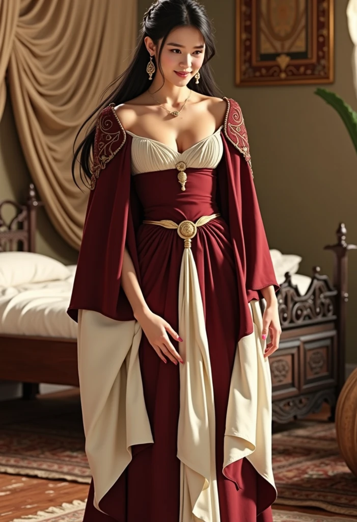 19 year old girl with long hair,Wearing red han clothes,At the Palace、Sit on the bed
