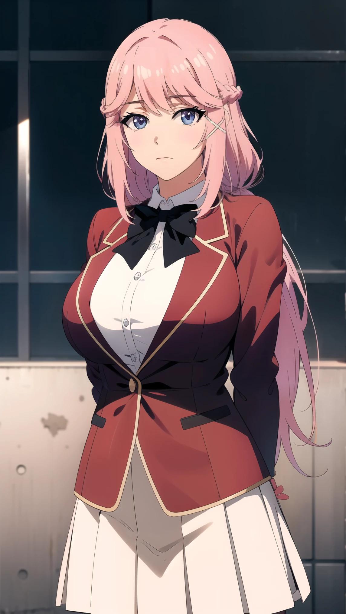 (shoujo style), ((hair detail, eyelash detail, bangs)), manhwa scene, long hair, very long hair, hair ornament, floating hair, pink hair, braids, black eyes, big breasts, , blue bow tie, blazer, red jacket, long sleeves, white skirt , BREAK looking at the audience, (cowboy shot: 1.5), BREAK bright colors, natural lighting, RTX, (big breasts: 1.4), ((arms behind back)) beautiful, upper body, (masterpiece), (highest quality), best, high quality resolution, 8K, highly detailed, Digital Art, (Highly Detailed Background: 1.2), (realistic background), (intricate detail), award winning, highly detailed, ( illustration : 1.1), (cinematic lighting), soft lighting