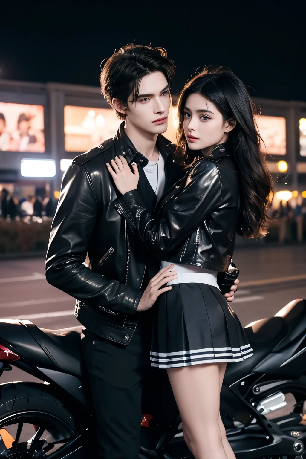 ((Incredibly stylish and beautiful)), ((really meticulous CG)), (realistic)、(intricate details:1.2)、(masterpiece、:1.3)、(top quality:1.4)、(Ultra A high resolution:1.2)、Ultra A high resolution, 8K resolution, Very detailed expression, studio soft light, vivid details, super detailing, complete anatomy, realistic skin texture, realistoc shading, (Highly detailed CG Unity 16k wallpaper), (High Quality), 1 boy, manly, Handsome, ((((Riding a motorcycle with a girl)))), A girl held on a boys back, univesity campus couple, complex body details, (short: 1.3), (best quality: 1.0), (very high clarity: 1.0),(Beautiful and detailed eye description),Unreal Engine:1.4, photorealistic:1.4, skin texture:1.4, masterpiece:1.8,best quality、laugh、Long limbs