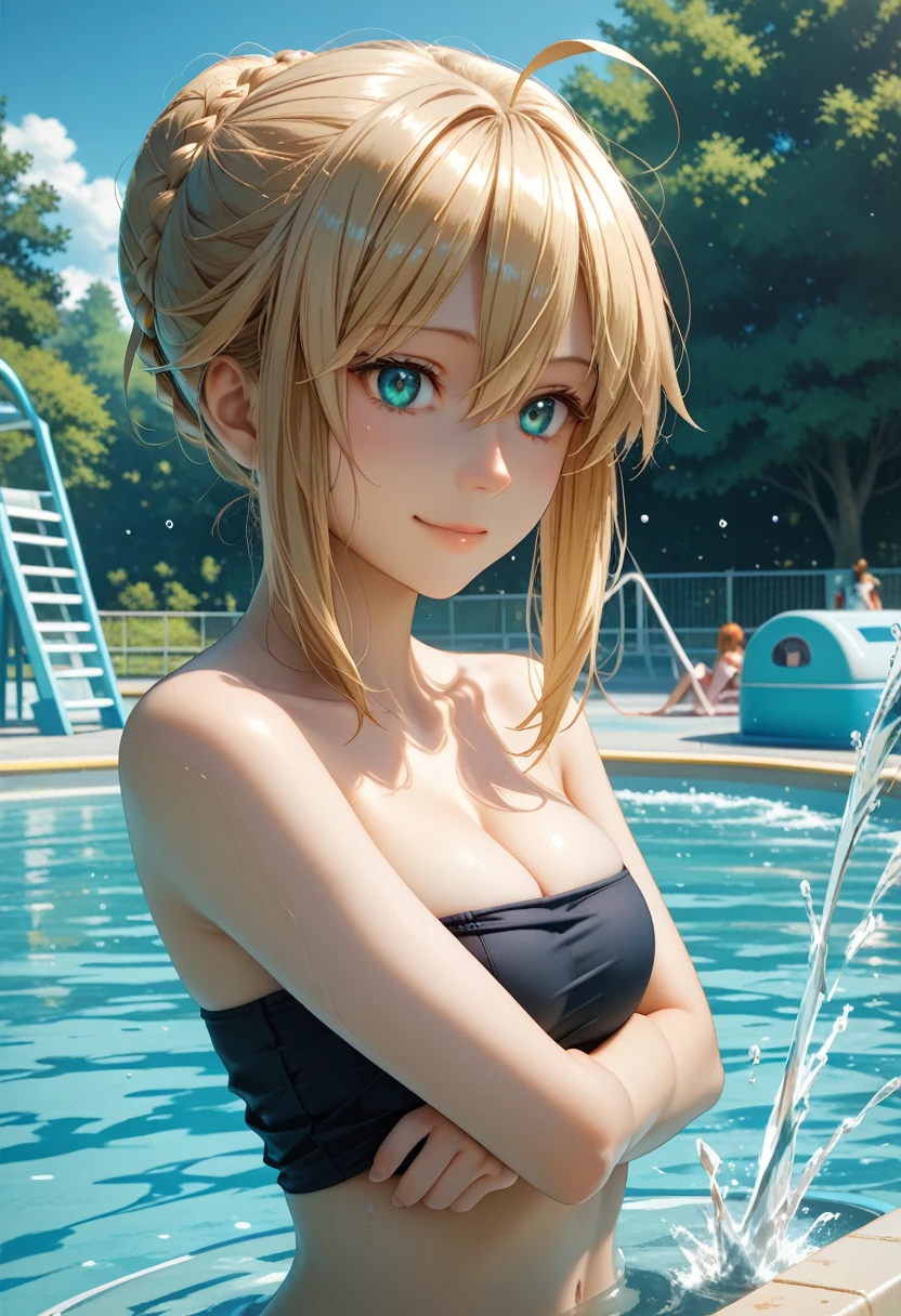 masterpiece, best quality, hyper detailed, FHD, 8k,best light, in focus with blurred background,BRAEK ***ung girl,artoria pendragon,fate,to know, medium breasts、 bust up、 cleavage、Beautiful eyes、 beautiful eyes、smile、break ((background outdoor, water park, Clear Blue slide, water splashing, blue sky)),BRAEK (((sliding down a waterslide))),(break wearing a BLACK tube top bra with no straps that shows off her shoulders.:1.3),(tube top bra undressing)、Underboob、