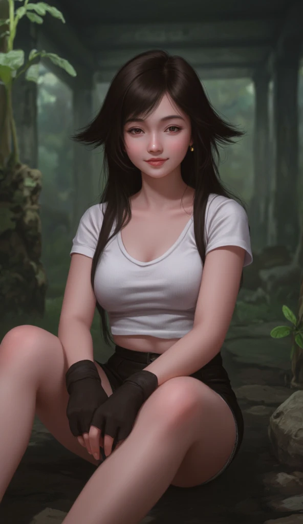 Digital painting featuring a female character with long, dark brown hair and fair skin. She is sitting casually with a relaxed posture, wearing a white crop top and black shorts, accessorized with black gloves and suspenders. Her facial features include large, expressive eyes and a gentle smile. The background is a lush, green environment with hints of stone structures, suggesting a jungle or forest setting. 