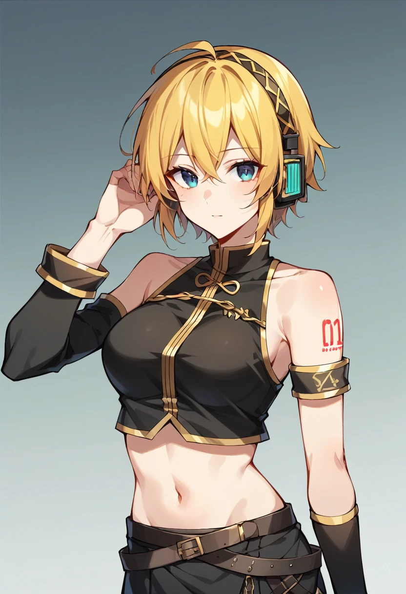 
(masterpiece、Realistic)、Luka，default outfit，vocaloid4 outfit，Completely naked，arm warmers, armband, bare shoulders, black shirt, black skirt, crop top, midriff, navel, shirt, shoulder tattoo, single arm warmer, skirt, tattoo,