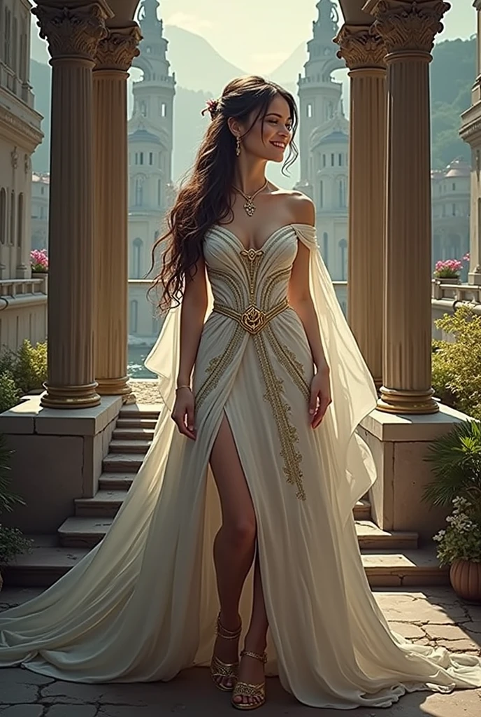 Realistic image of woman in a silver and gold dress standing on a balcony, bela arte digital, deusa bonita, ethereal beauty, pose elegante e deslumbrante, bela arte de fantasia, vestido sexy, karol bak uhd, Flowing dress, vestido de fantasia, mulher da fantasia, impressionante;, usando um vestido elegante, Vestido elegante, fantasia vestido longo intrincado, uma bela imperatriz fantasia, stunning digital illustration, Beautiful, 8k, obra prima, riqueza de detalhes