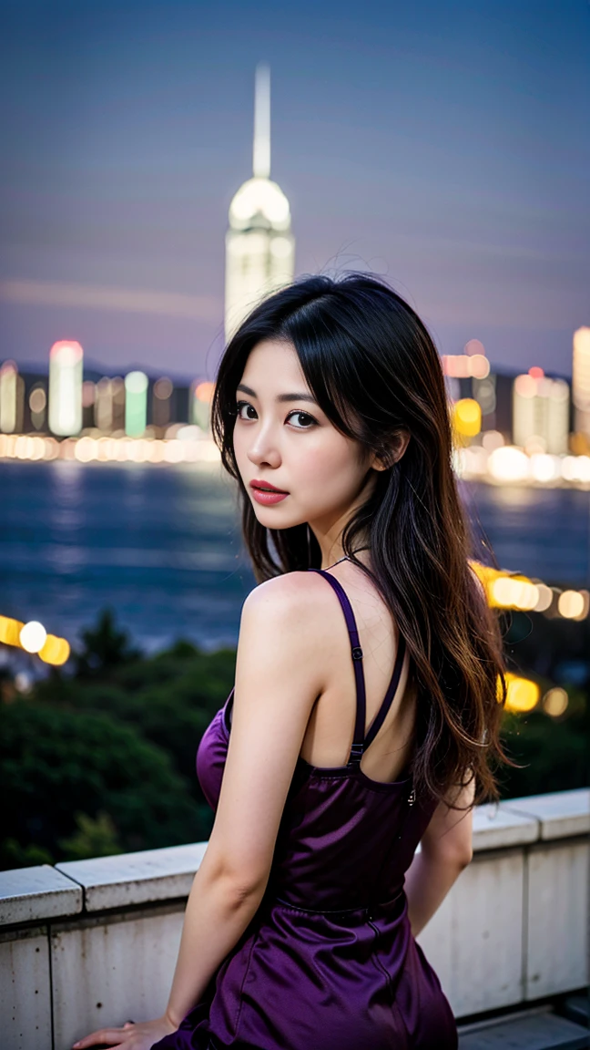 fantasy style, (best quality, masterpiece, ultra highres:1.2)hyper realistic photo of a ultra-hyper tiny beautiful medium long straight hair asian girl with light purple short dress looking at camera sitting on the back of a 100times ultra-hyper large-scale swallow flying above hongkong city