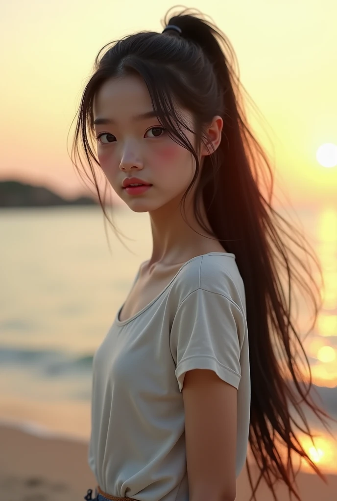 (sharp focus:1.2), photo, yoonyoungchae (beautiful face:1.1), detailed eyes, luscious lips, (cat eye makeup:0.85), (long flowing brown hair), wearing (romper:1.2) on a (beach:1.2). (moody lighting:1.2), depth of field, bokeh, 4K, HDR. by (James C. Christensen:1.2|Jeremy Lipking:1.1). <lora:YoonYoungChae:0.9>