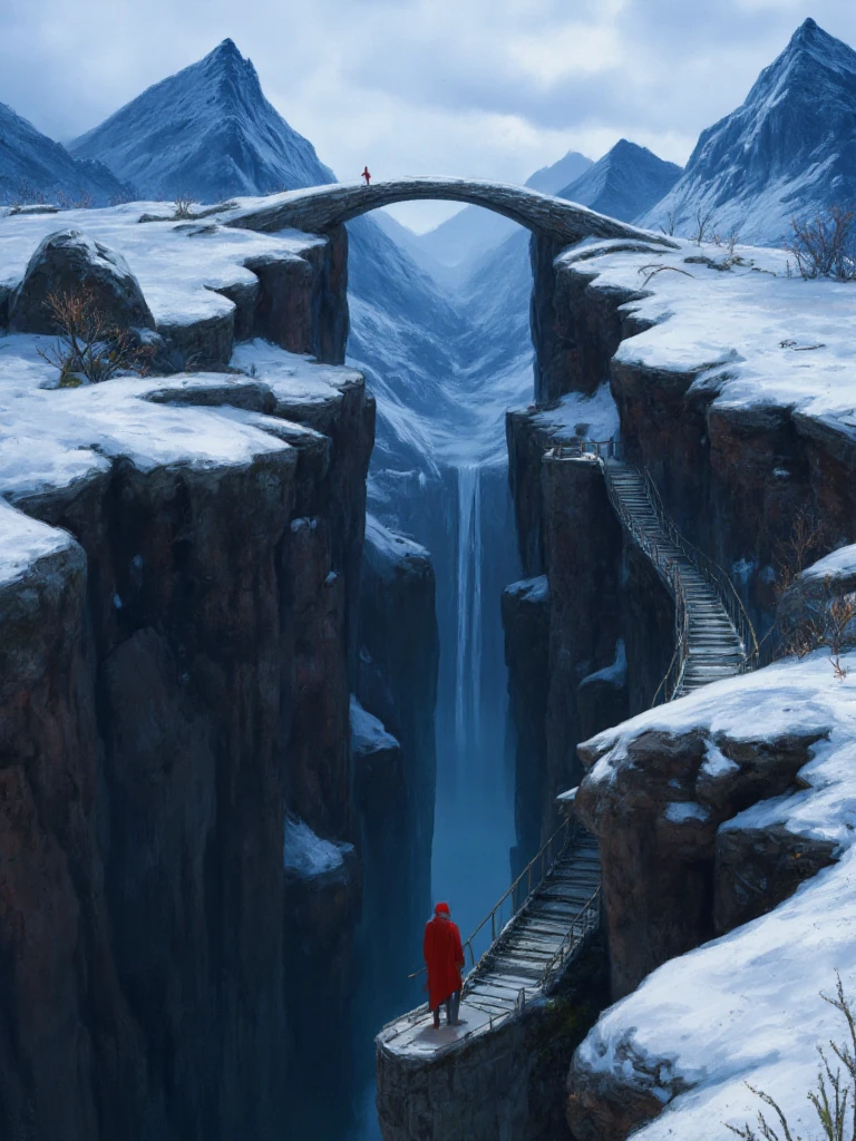 Digital artwork depicting a dramatic and fantastical mountain landscape. The scene features a series of stone staircases winding through steep, snow-covered cliffs. The stairs lead to an arched stone bridge that spans a deep chasm, creating a sense of adventure and mystery. The mountains are rugged and imposing, with jagged peaks and icy surfaces. In the foreground, a solitary figure in a long, flowing red cloak stands on the stairs, adding a striking contrast to the predominantly blue and white color palette of the snow and sky. The overall composition is vertical, emphasizing the height and grandeur of the mountains. The image conveys a sense of solitude and exploration in a vast, frozen wilderness.