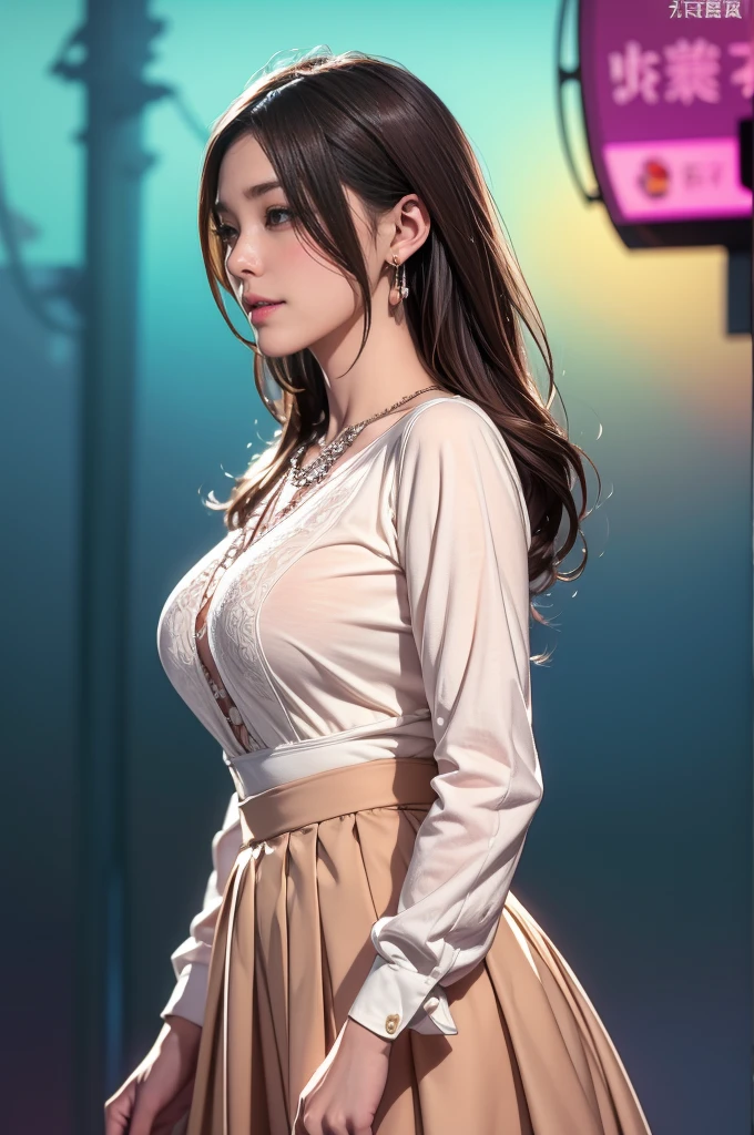 (best quality), (realistic), (hyper_photorealism), raw, photorealistic, 8k, realistic texture, shiny skin, extremely detailed skin, film grain, pale skin, thin thighs, cinematic lighting, raw lighting,
1 girl, cute idol, black eyes, long hair, brown hair, natural makeup, large breasts, half-up half-down hairstyle,
standing, light smile,
long sleeves, open blouse, long skirt, stylish, flared skirt, blouse that is about to come off,
newscaster,japanese text, fake screenshot, news,colorful background,
clasp hands together in front of each other,necklaces, earrings,
(bust shot,close up:1.4),