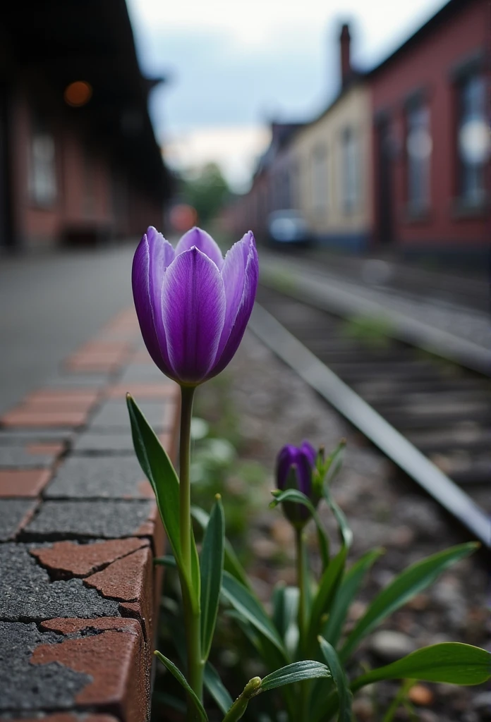 ((masterpiece)) ((photography)) ((Highest quality)) A small purple flower quietly blooming on an old train station platform.