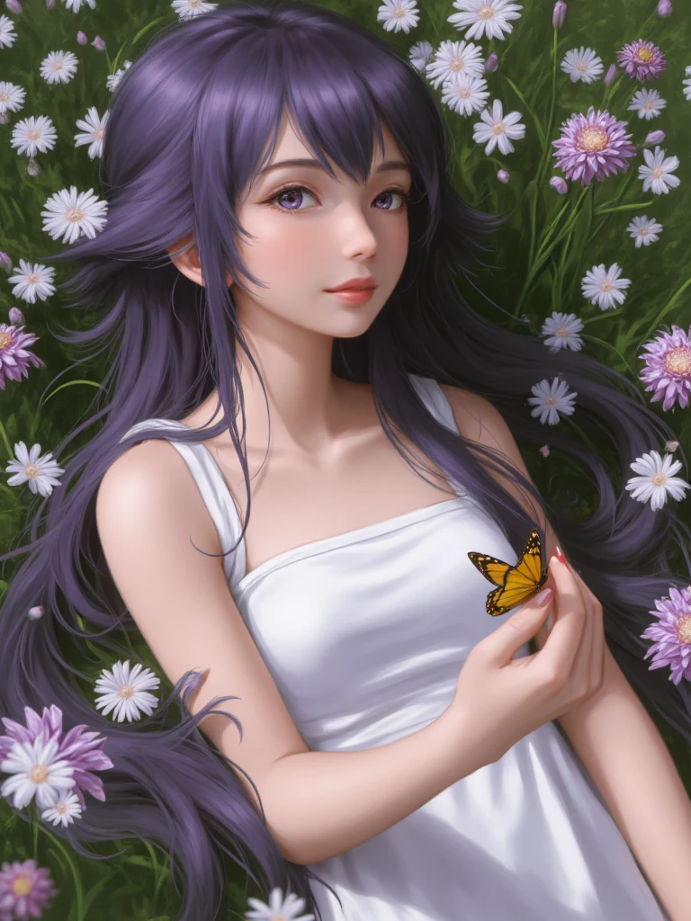 Anime-style illustration depicting a young woman with long, flowing purple hair lying in a field of white and purple flowers. She is wearing a sleeveless white dress, and her skin is fair. Her eyes are a striking shade of purple, and she holds a yellow butterfly gently in her hand. The background is a lush green meadow, filled with blooming flowers, creating a serene and peaceful atmosphere. The lighting is soft, casting gentle shadows and highlighting the vibrant colors of the scene. The overall composition is harmonious, with the subject positioned slightly off-center, adding to the tranquil and dreamy quality of the image.