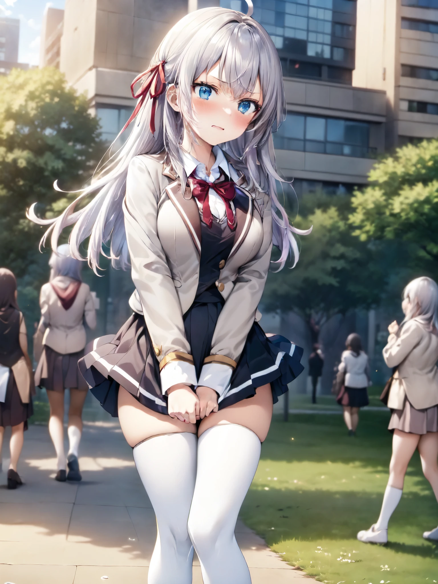 (((masterpiece, best quality, high definition , 超 high definition , perfect pixels, depth of writing, 4K, RTTX 10.0))), beautiful anime woman , beautiful art style, anime characters, Eliminate extra legs 、 the exact number of legs、(Exact number of arms:1.0, Exact hand count:1.0), (Perfect hands, perfect anatomy), Cinematic, realistic, very precise CG, Daytime lighting, perfect lighting, Best Shadow, Best natural light, whole body, perfect body for a lawn, Slender Bodies, ((bangs, silver hair, Long Hair, Alisa's hairstyle , Arya's hairstyle )), ( detailed face , cute face, detailed eyes ), ( One adult woman is standing holding her skirt in her hand:1.3)), ( private Seirei Academy uniform , Ribbon on chest, blazer, white knee-high socks, miniskirt:1.3), (Beautiful and big breasts:1), ( Skirt Falling Over by the Wind from Below :1.2), oblique angle from the front , Women Feel Embarrassed , (The woman is blushing:1.1), ( embarrassed expression:1.2), (Shibuya-like streetscape, Lots of People in the Background 々, Fashionable Building District :1.4), alisa