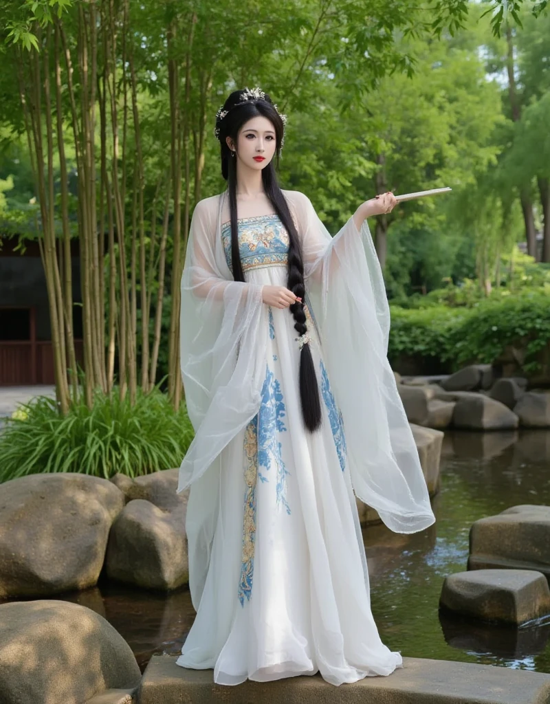 of a traditional Chinese woman in a serene garden setting. The photograph captures a graceful, fair-skinned woman with a delicate, oval face, wearing an elaborate, traditional Chinese dress. Her attire is predominantly white with intricate blue and gold patterns, and her sleeves are adorned with delicate, sheer fabric that billows gently in the wind, creating a sense of movement and elegance. The dress also features a high collar and a flowing, layered skirt. Her hair is styled in an elaborate, updo with multiple braids, adorned with traditional hairpins and flowers, adding a touch of femininity and cultural authenticity. She stands on a moss-covered stone bridge, with her back to the camera, and her right arm gracefully extends outwards, holding a fan, while her left arm is elegantly positioned. The background is lush with verdant green foliage, including tall bamboo shoots, and a serene pond, adding a tranquil, natural ambiance to the scene.