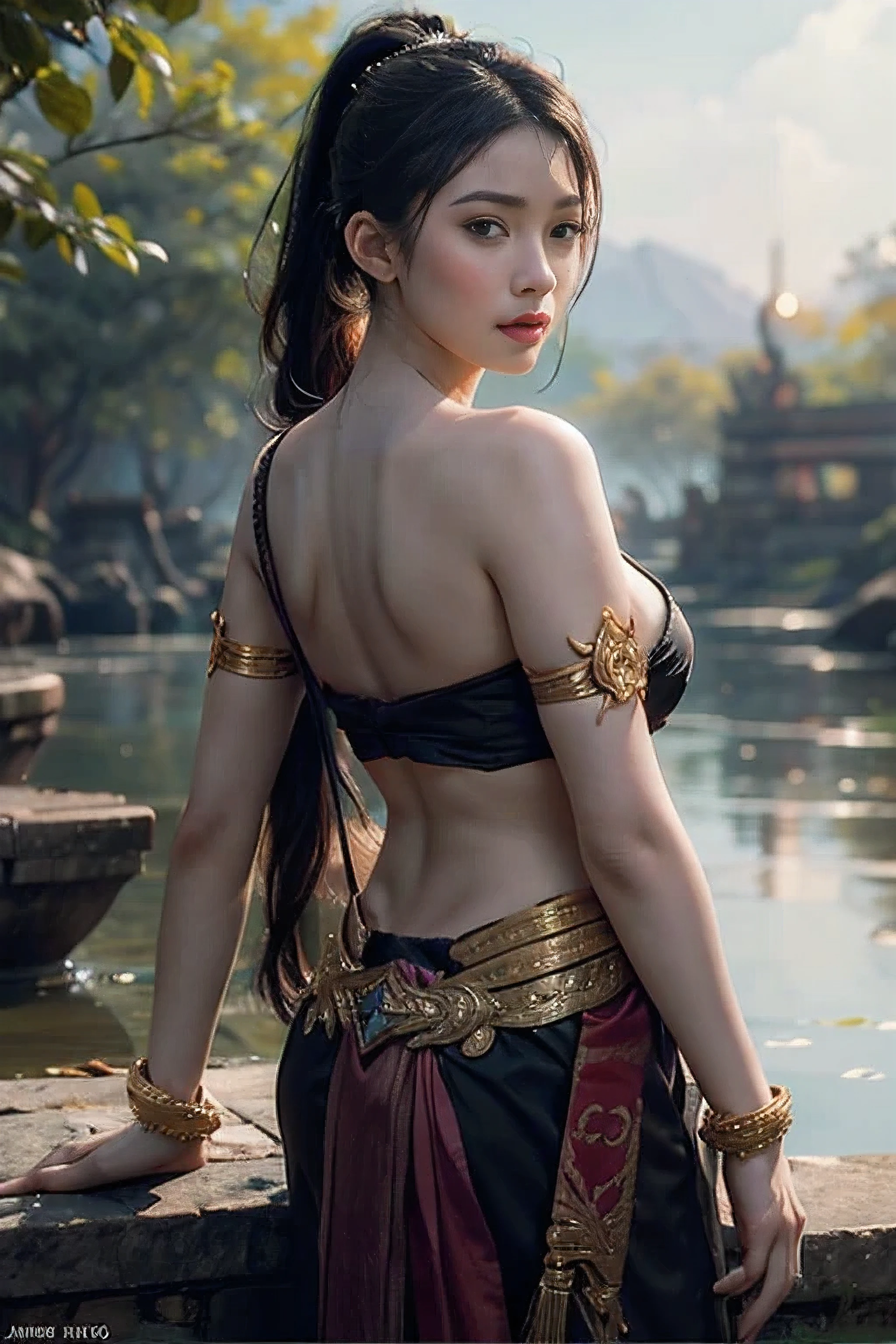 8k, highest quality, ultra details, Balinese beauty, wearing kebaya and paterned batik dress, colorful and lively, representing the vibrant spirit of Balinese culture. Beautiful and detailed face with expressive features, ((Beautiful woman: 1.7, Mature and alluring: 1.7, Lustful expression: 1.7, 21 years old: 1.7, Height: 155cm, slim waist and hourglass figure, Thin thigh, Skinny body: 1.1, flat abdomen, Fat ass: 1.7, Round and jutting buttocks, Tall stature: 1.5, 1 girl, solo, Covetable large breasts: 1.7, Slim waistline: 1, Attractive young girl with an air of seduction: 1.7, Aroused girl with desire in her eyes: 1.7)), ((Detailed: 1.4)), (High dynamic range: 1.2), ray tracing: 1.0, NVIDIA RTX: 1.1, Super resolution: 1.0, Unreal 5: 1.1, Scattered beneath the surface: 1.1, (PBR texturing: 1.2), post processing: 1.0, Standing confidently in front of pond with vishnu statue
