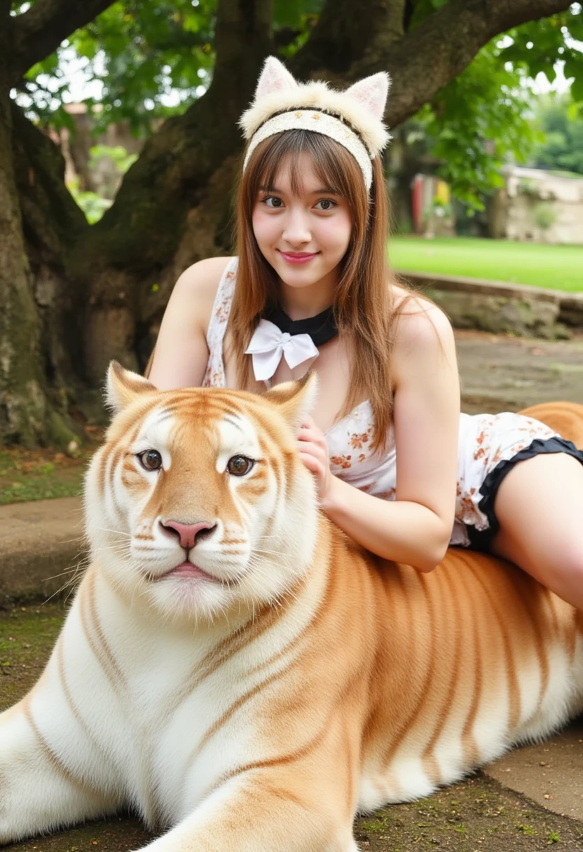 A photograph of a Bengal tiger, taken in a naturalistic zoo or wildlife sanctuary setting. The big tiger is lying down on a rugged, rocky surface, with its body stretched out in a relaxed pose. Its fur is a striking golden orange color with distinctive white markings on its face, chest, and legs. The tiger's eyes are large and expressive, with a piercing gaze directed straight at the camera. Beside the tiger, a young Asian woman is gently embracing it, her arms resting softly around the tiger’s body, creating a sense of trust and harmony, thai woman 20 years old, medium breasts is sitting on the ground outdoors in a grassy area, shaded by a large tree. She is dressed in a cosplay outfit with a cow theme. Her bikini-style costume features black-and-white cow print patterns, consisting of a triangular top and matching bottom tied with strings at the sides. She accessorizes with a white collar featuring a black bowtie and a small golden bell hanging at her neck. She is also wearing a pair of black faux cow horns attached to a headband, which also includes light brown furry cow ears with small golden bells attached.
Her long, straight dark brown hair falls over her shoulders, and she has a soft, natural makeup look with a gentle expression. Her arms are positioned to support her body as she leans slightly back, one hand resting on the ground. She wears white wrist cuffs and thigh-high white stockings, adding to the playful aesthetic of the outfit. The background is bright and natural, with green grass, scattered leaves, and sunlight filtering through the tree,