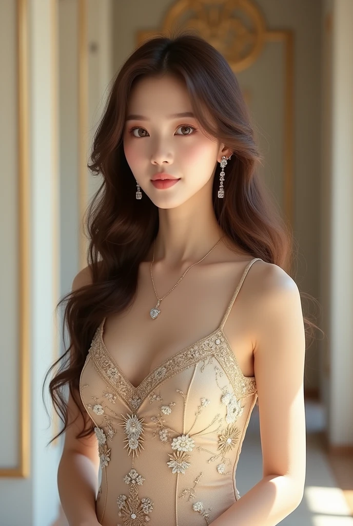 Realistic:1.2,(masterpiece,Highest quality),,((一人のwoman:1.2)),20-year-old,Tight waist,Big Hips,Perfect Anatomy, Brown Hair, Wavy Hair,Random Hairstyles,Big beautiful breasts,((Highly detailed face and eyes))(Cute face:1.4),Beautiful actress face,Perfect golden ratio face,Random sexy poses,smile、woman'Suitini Skirt、garter belt、Accentuate your butt