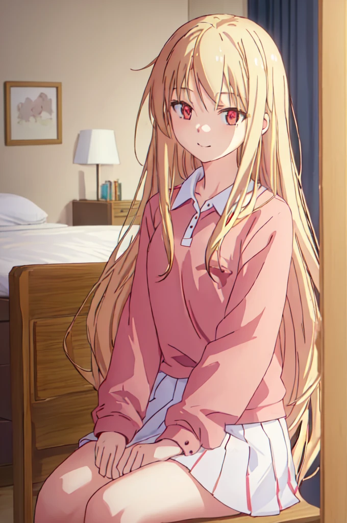 1girl, best quality, masterpiece, highres, solo, {shiina_mashiro_sakurasounopetnakanojo:1.15}, blonde_hair, long_hair, red_eyes, brown_eyes, striped shirt, polo t shirt, pink shirt,  long sleeves, white skirt, collar, smile, day, smile, room, indoors