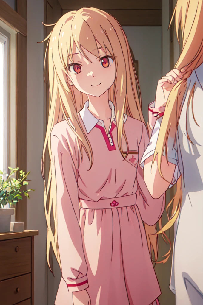 1girl, best quality, masterpiece, highres, solo, {shiina_mashiro_sakurasounopetnakanojo:1.15}, blonde_hair, long_hair, red_eyes, brown_eyes, striped shirt, polo t shirt, pink shirt,  long sleeves, white skirt, collar, smile, day, smile, room, indoors